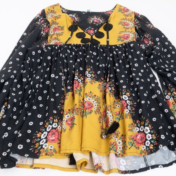 Anthropologie Farm Rio Intarsia Boho Floral Peasant Blouse Black Yellow Small - Picture 13 of 14